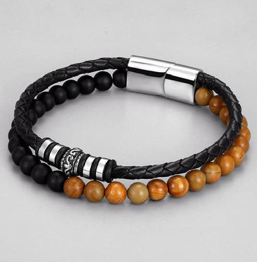 Genuine Leather & Stainless Steel 6mm Lapis Lazuli/Woodstone Bracelets